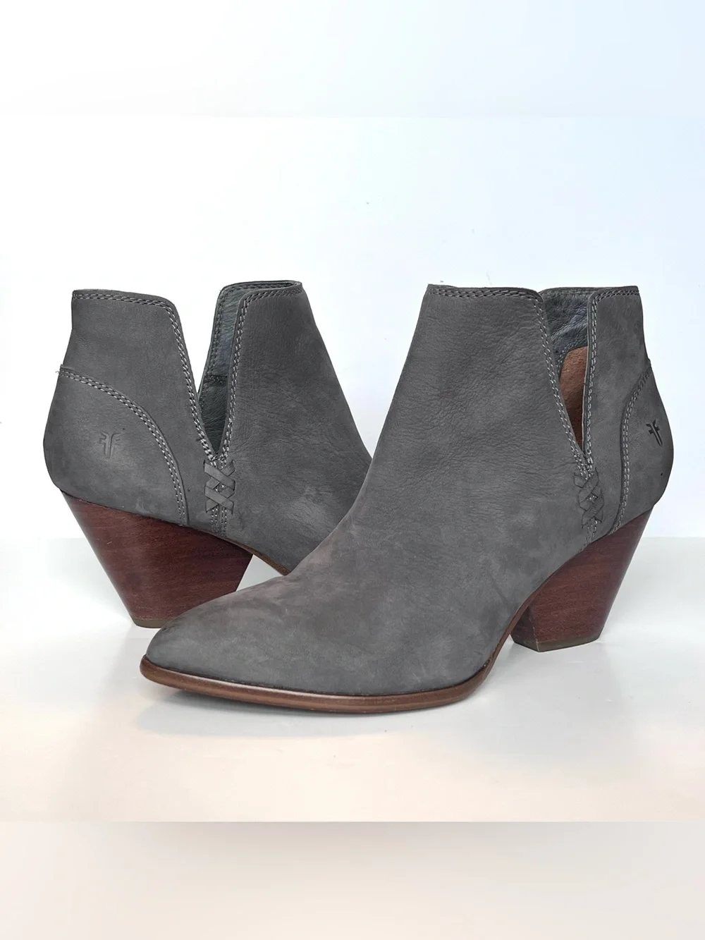 FRYE Reina Gray Leather Cutout Ankle Booties Block Heel Women’s Size 7.5 M